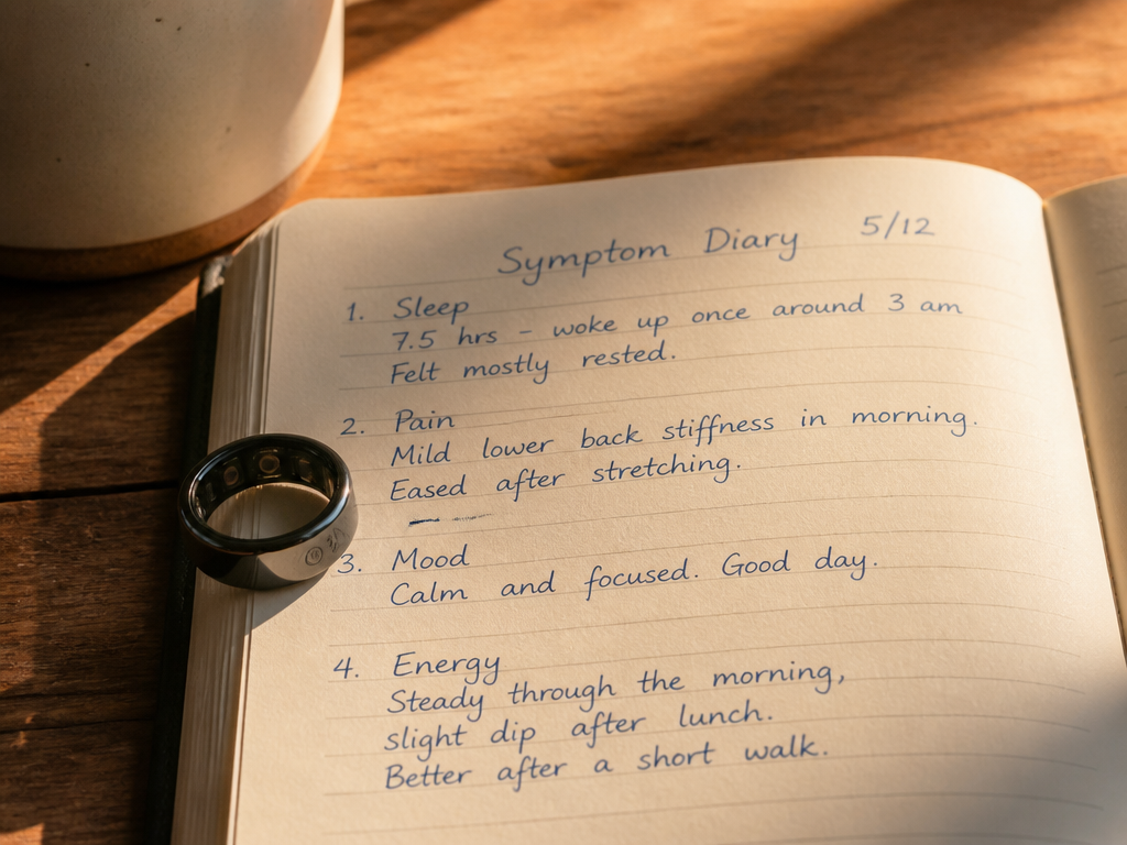 Photorealistic overhead composition of a wooden bedside table holding a handwritten symptom diary open…