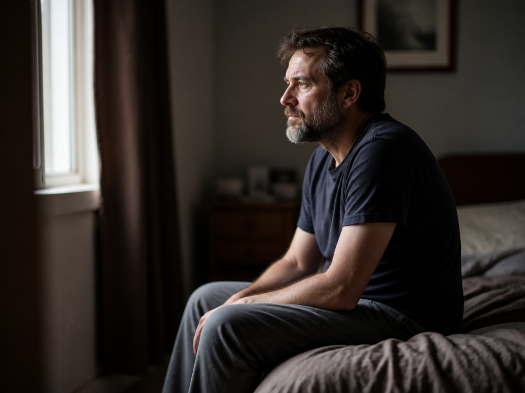 Photorealistic portrait of a middle-aged man sitting on the edge of an unmade bed…