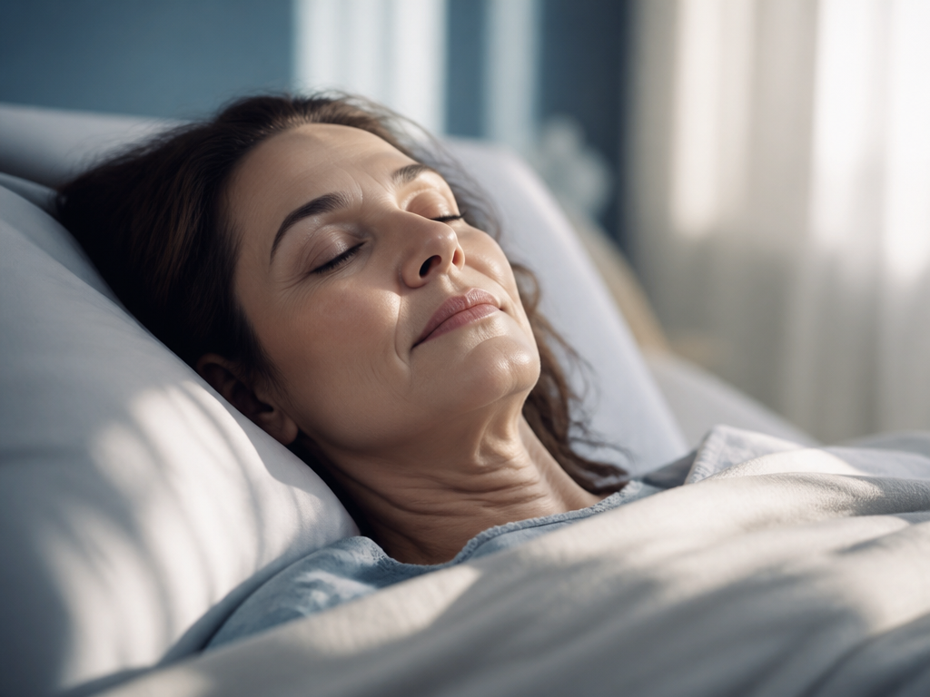 A photorealistic close-up portrait of a calm middle-aged woman lying on her back on…