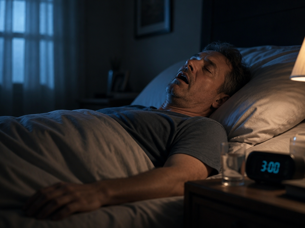 A dimly lit bedroom at 3 a.m., captured from a low bedside angle: a…