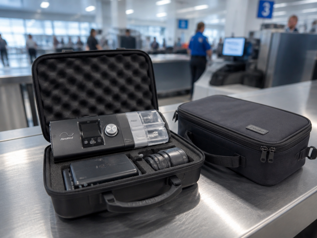 An airport security checkpoint bathed in cool overhead fluorescent light, a hard-shell EVA travel…