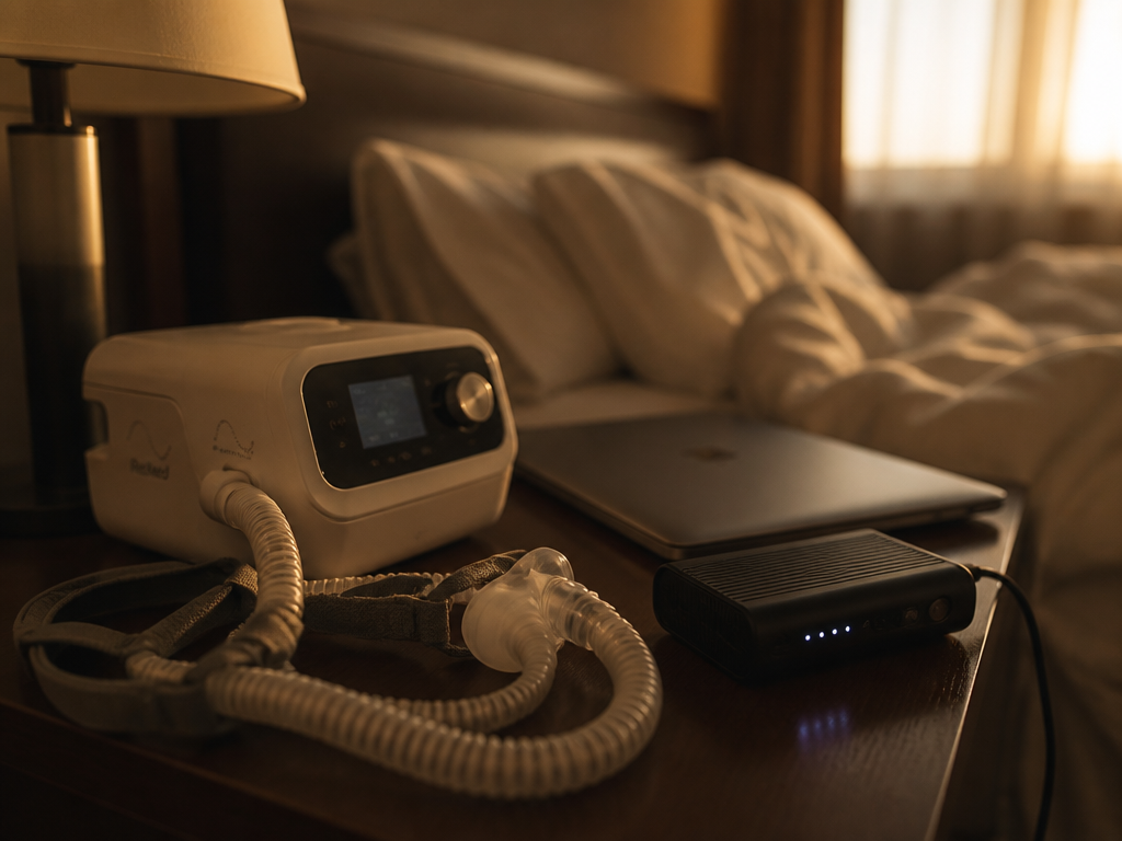 A dimly lit hotel nightstand at dawn, soft golden light filtering through sheer curtains…