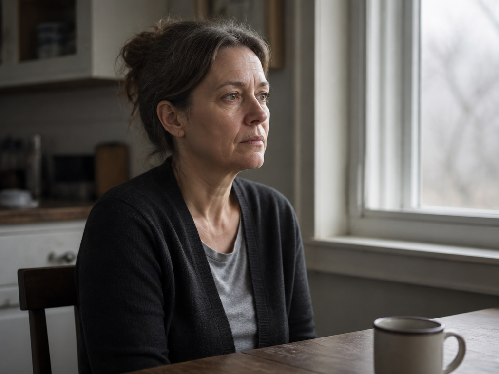 A weary middle-aged woman sitting at a kitchen table by a window in the…