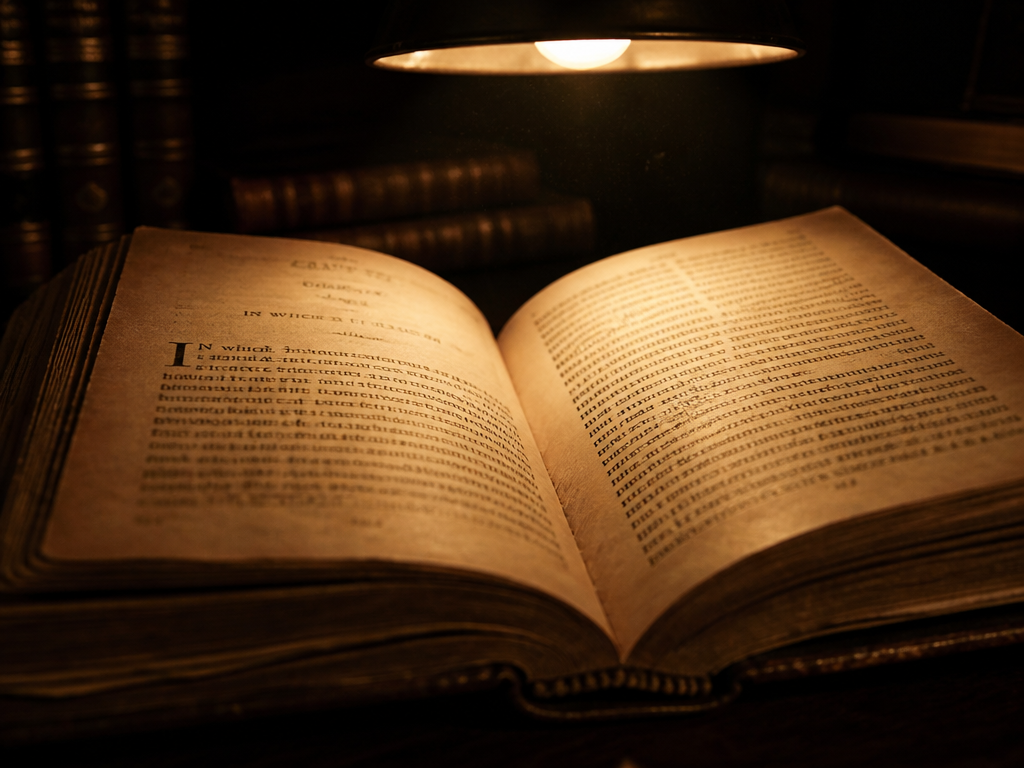An antique leather-bound novel lying open on a dark wooden desk in a moody…