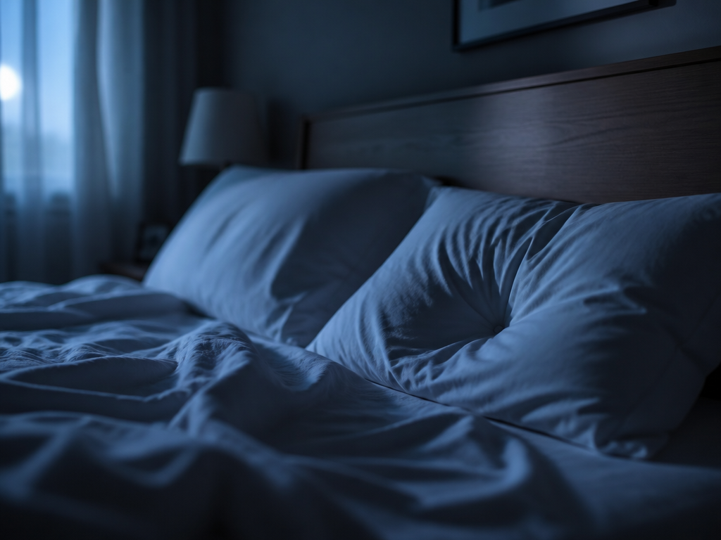 A dimly lit bedroom captured at the blue-gray hour just before dawn, focused on…
