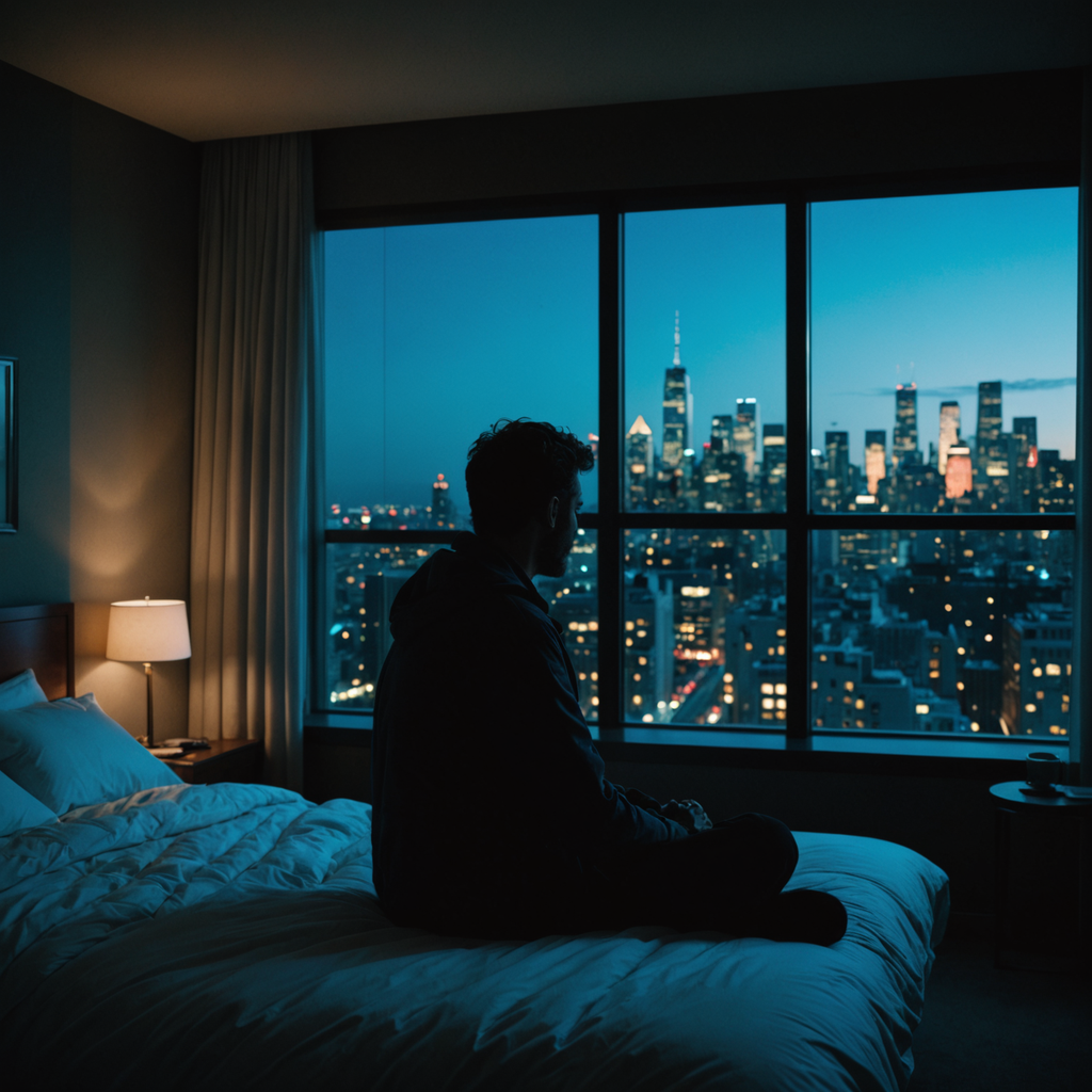A solitary traveler sitting on the edge of a hotel bed in a darkened…