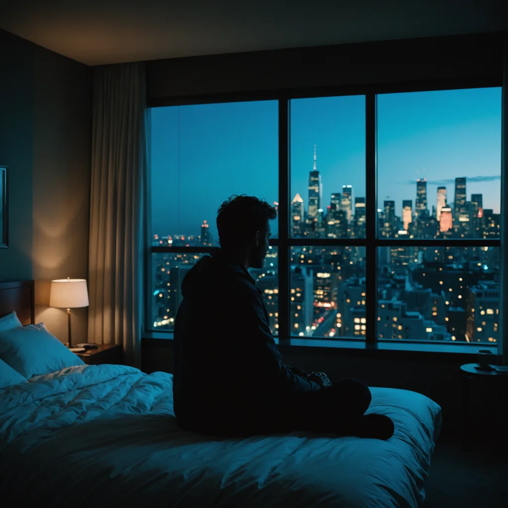 A solitary traveler sitting on the edge of a hotel bed in a darkened…