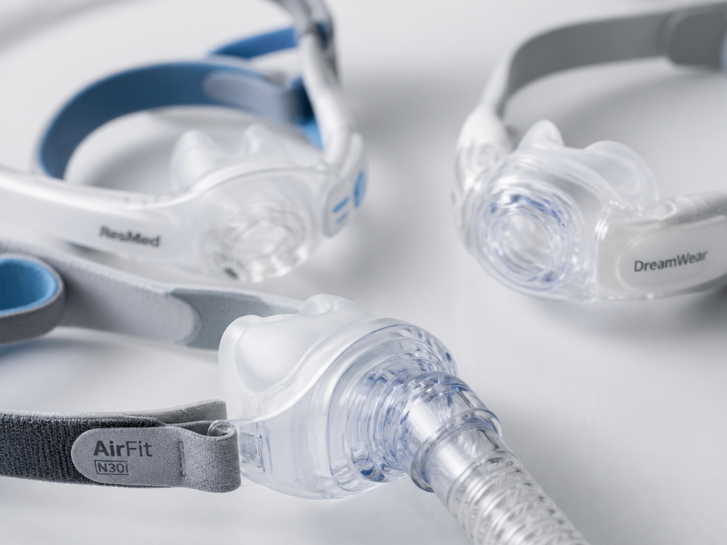 A macro close-up of three modern nasal CPAP masks arranged on a clean matte-white…