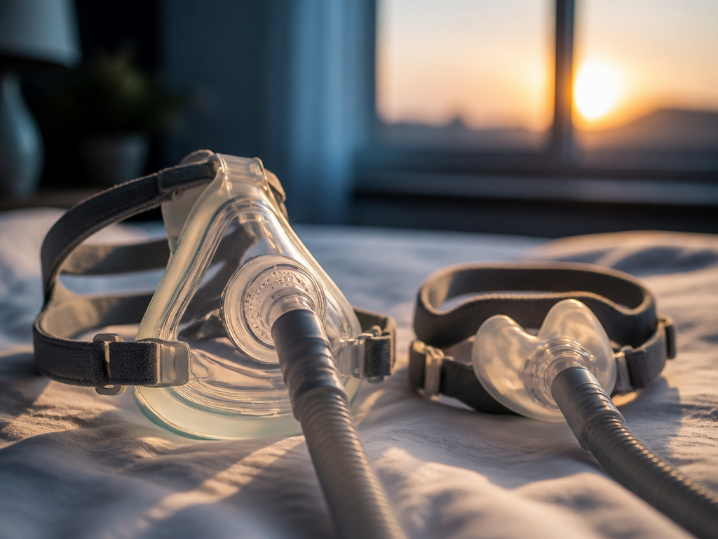 Close-up still-life photograph of two different CPAP masks resting side by side on a…