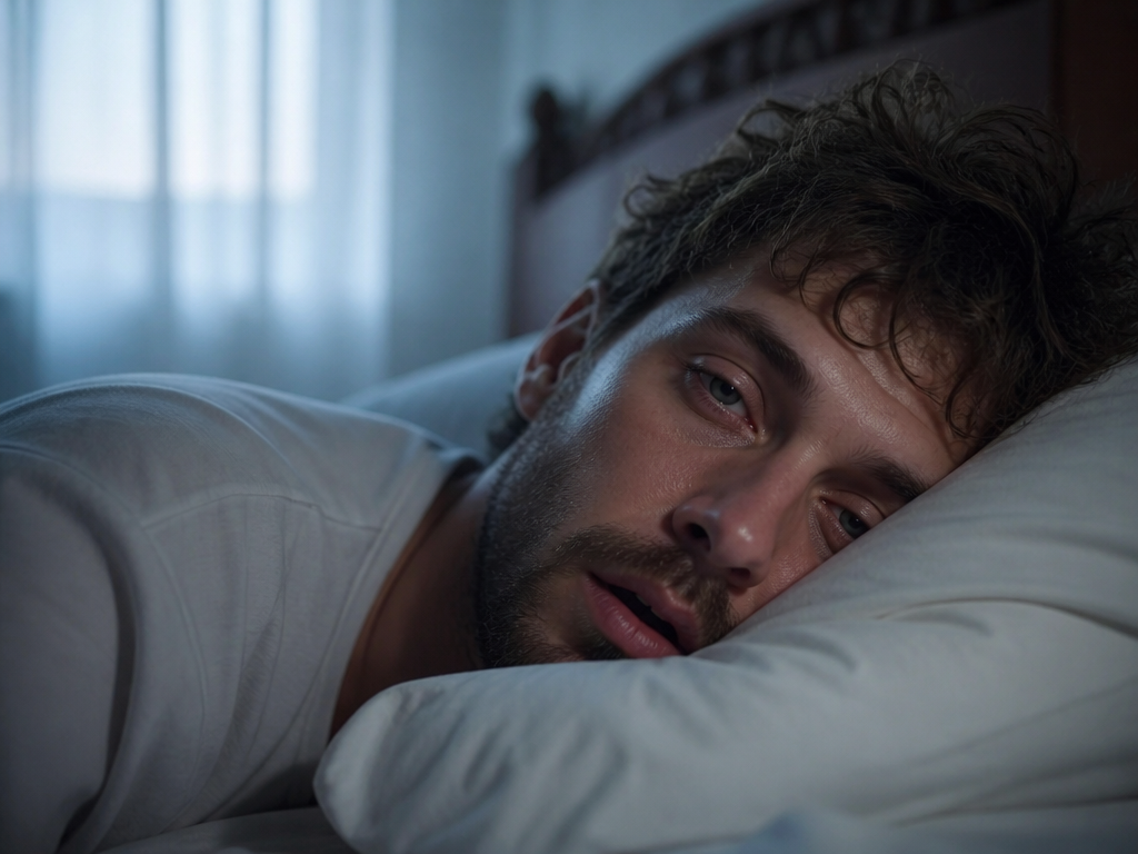 A close-up portrait of a fatigued person lying awake in a dimly lit bedroom…
