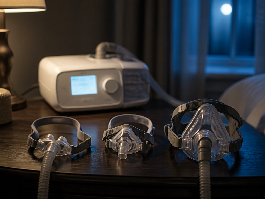 A close-up still-life photograph on a dark wooden nightstand at night, showing a modern…