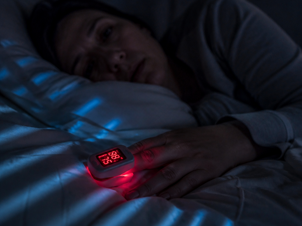 A photorealistic close-up of a person lying awake in bed at 3 a.m., shot…