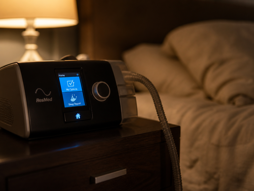 A close-up photorealistic shot of a CPAP machine resting on a dark wooden nightstand…