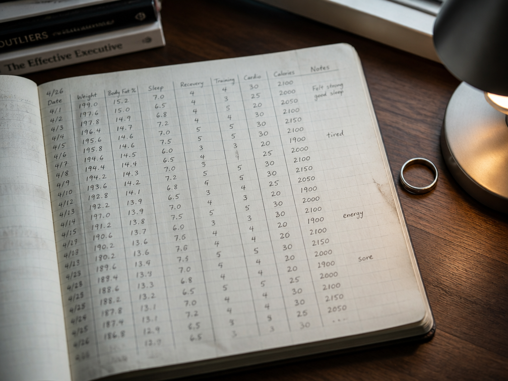 A photorealistic overhead flat-lay of a worn spreadsheet notebook open on a desk, handwritten…