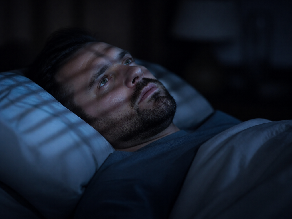 A photorealistic portrait of a tired man lying awake in bed at night, head…