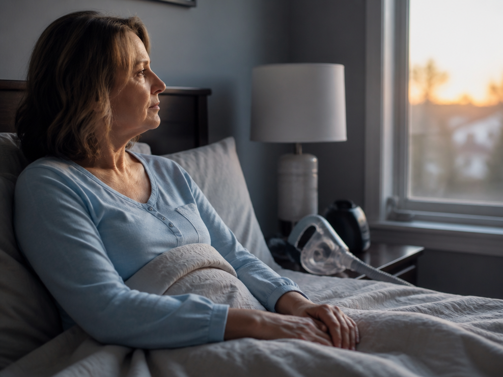 A photorealistic over-the-shoulder composition of a middle-aged woman sitting up in bed at early…