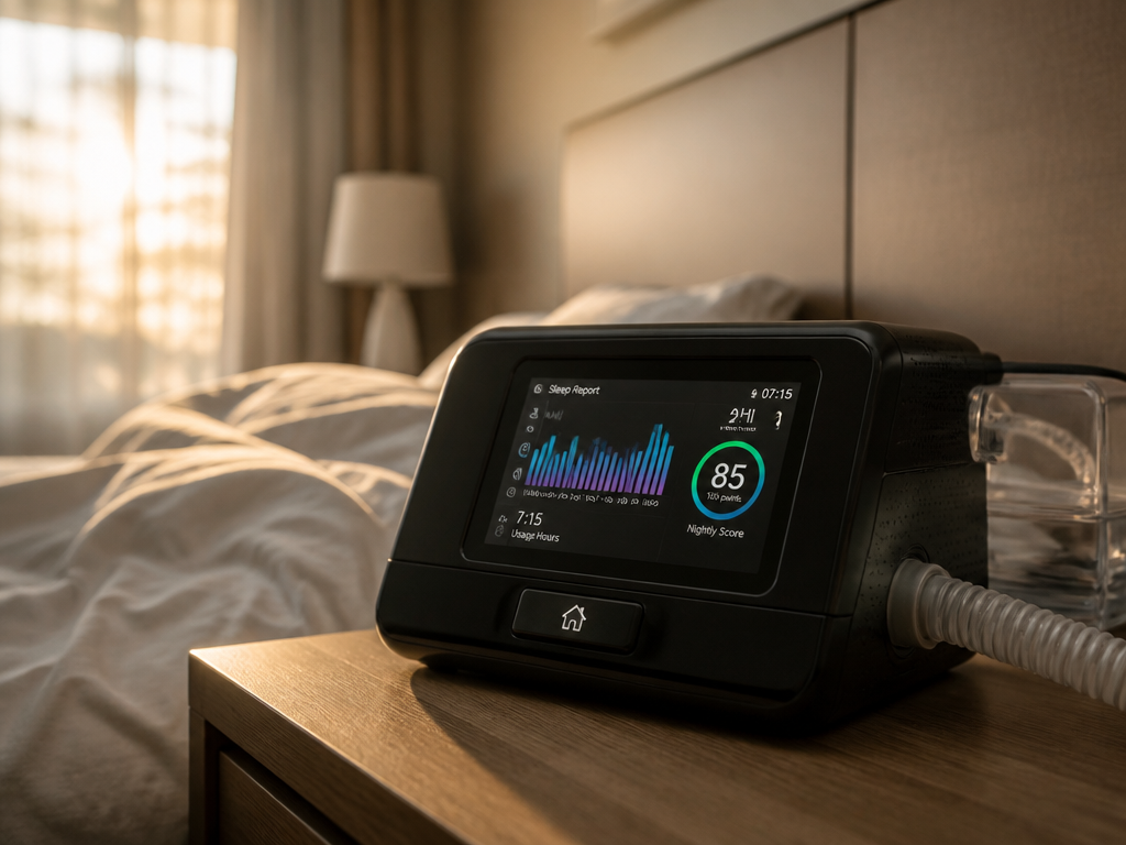A close-up photorealistic shot of a modern CPAP machine on a wooden bedside table…