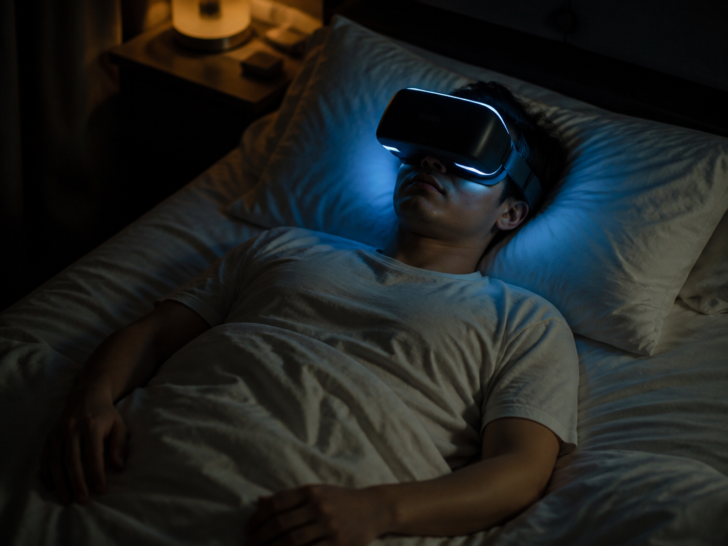 A person lying flat on their back in a dimly lit bedroom at night…