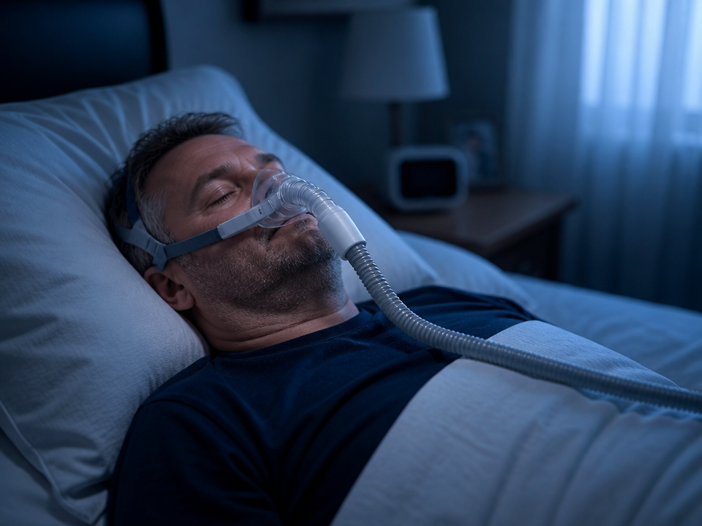 A photorealistic close-up of a middle-aged man asleep on his back in a dimly…