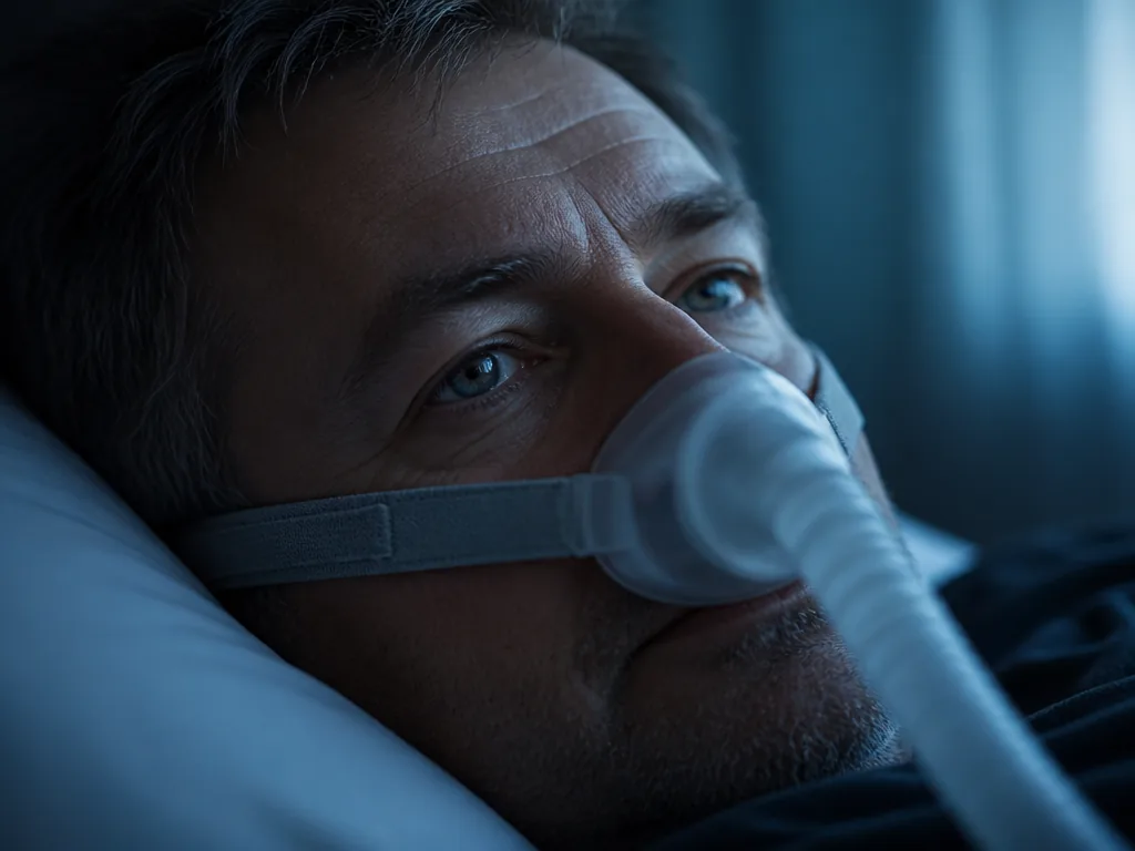 A close-up, macro photograph of a middle-aged man's face resting on a white pillow…