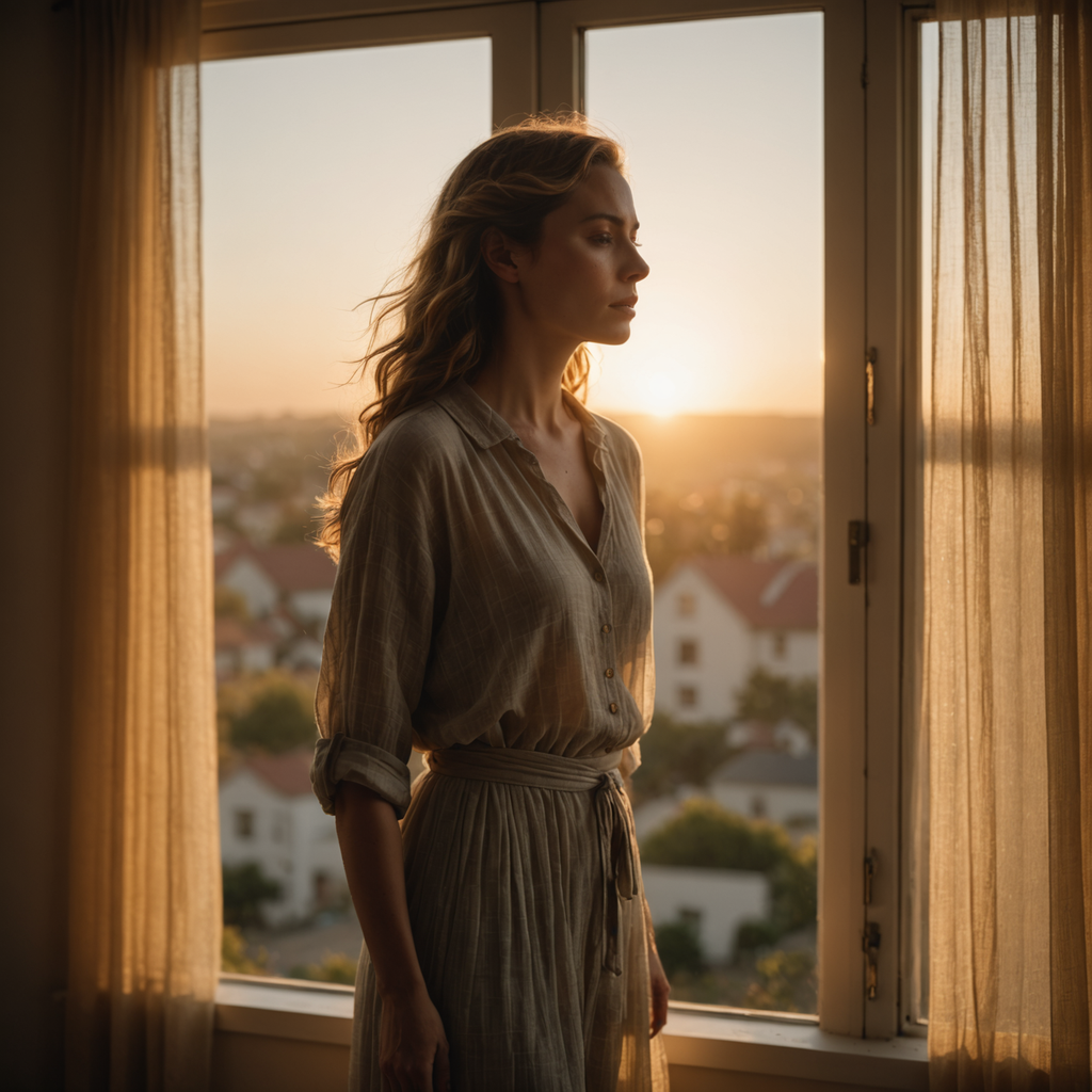 A serene early-morning scene of a woman standing at a wide-open window with eyes…