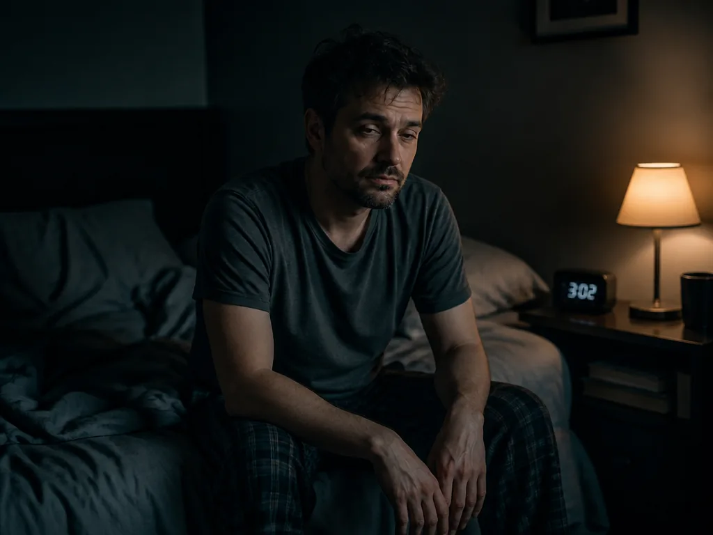 A photorealistic environmental portrait of a tired person in their late thirties sitting on…