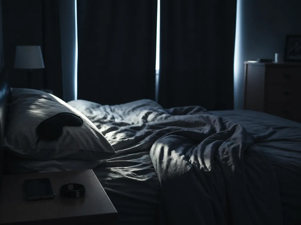 A photorealistic wide shot of a dim bedroom at 8 a.m., blackout curtains pulled…