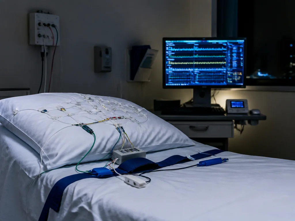 A quiet, clinical sleep-study room photographed at night, an empty bed with crisp white…