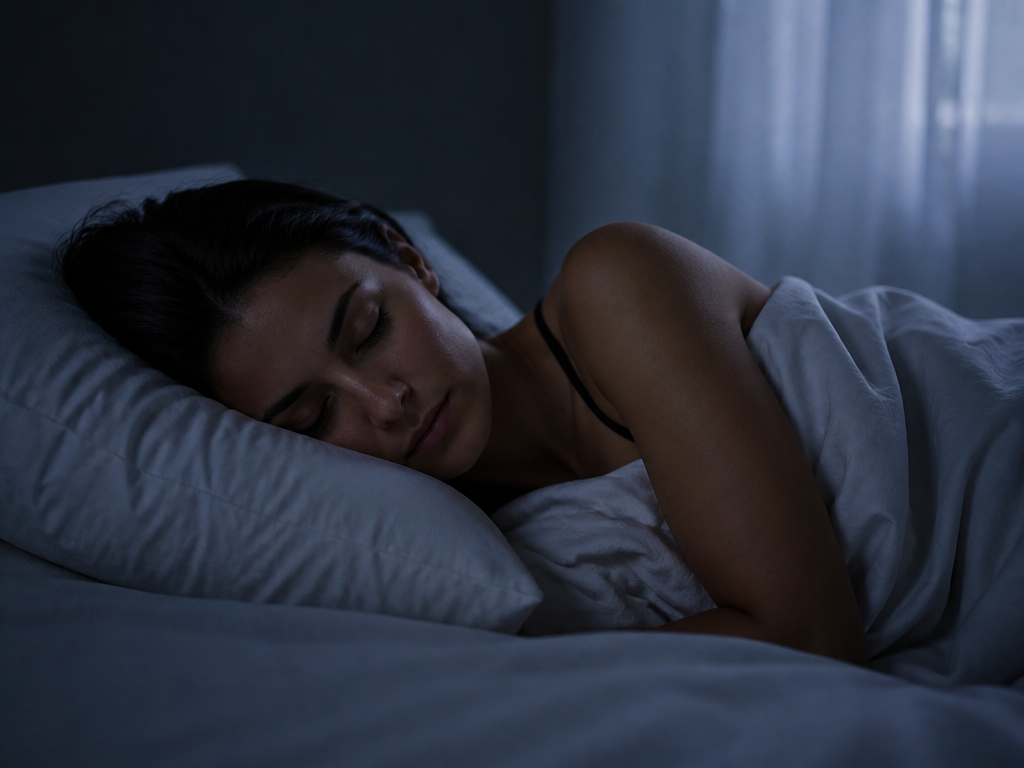 A lean, athletic woman in her late twenties lying asleep on her side in…