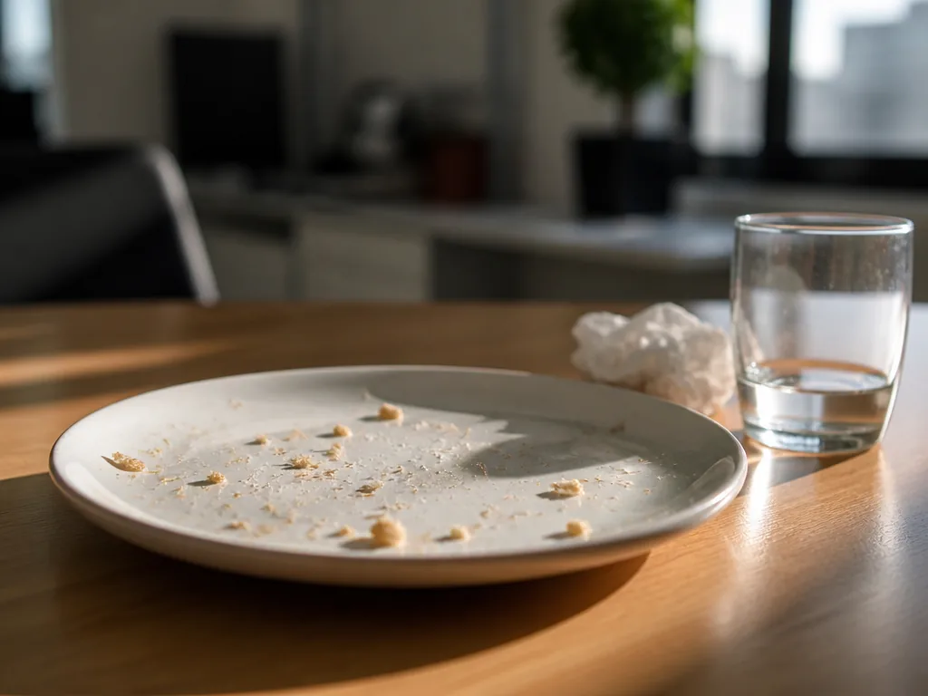 A photorealistic close-up of a finished lunch plate on a wooden office break table…
