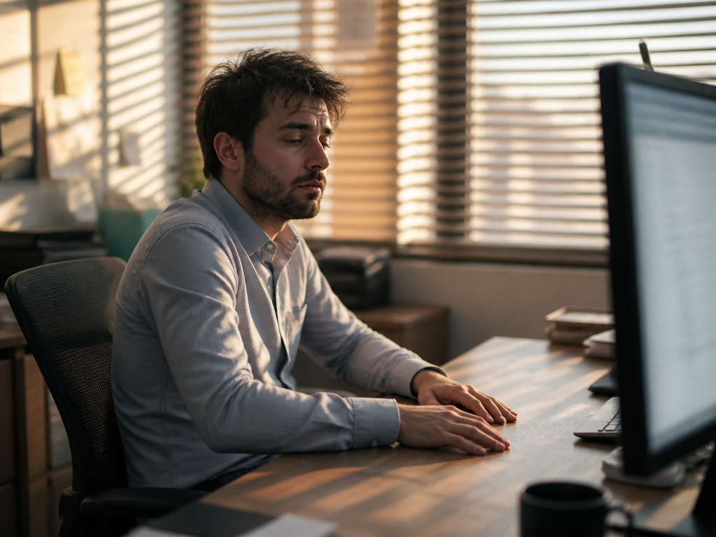 A candid photograph of an office worker slumped slightly at a modern desk in…