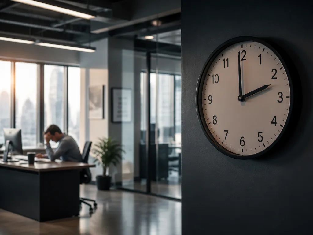 A moody photograph of a modern office interior at 2 p.m., a large wall…
