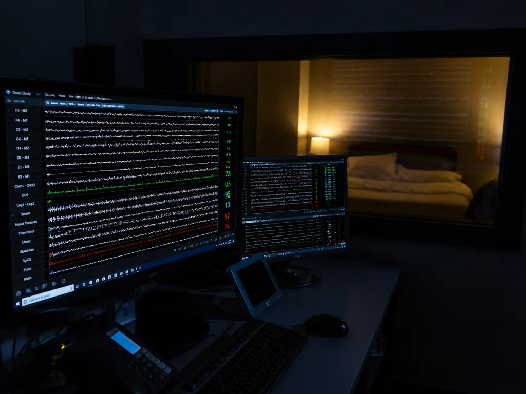 A photorealistic close-up over-the-shoulder view of a sleep technician's dark control room, glowing computer…