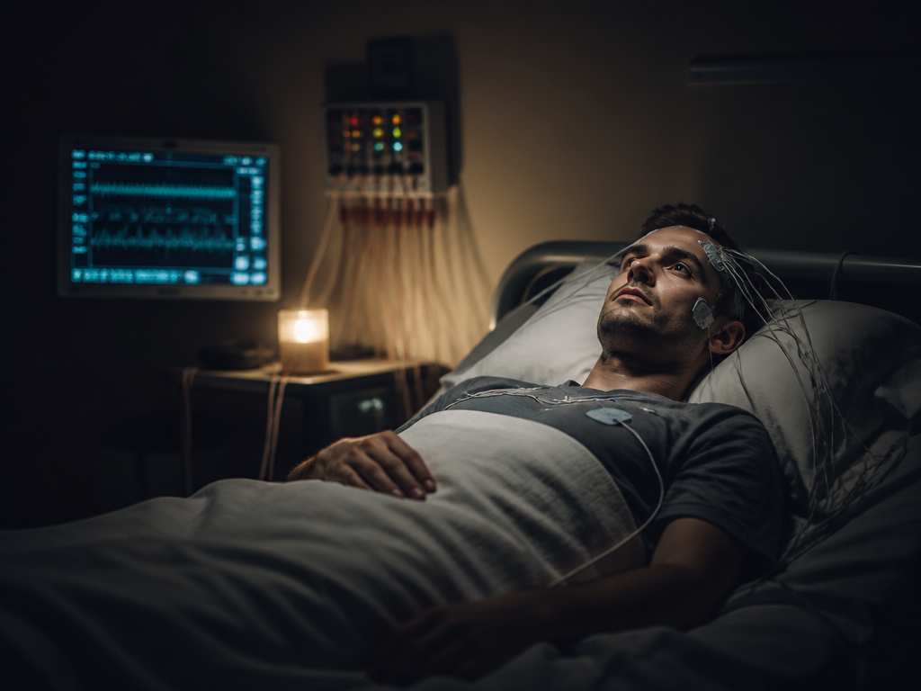 A photorealistic wide shot of a dim sleep laboratory bedroom at night, a person…