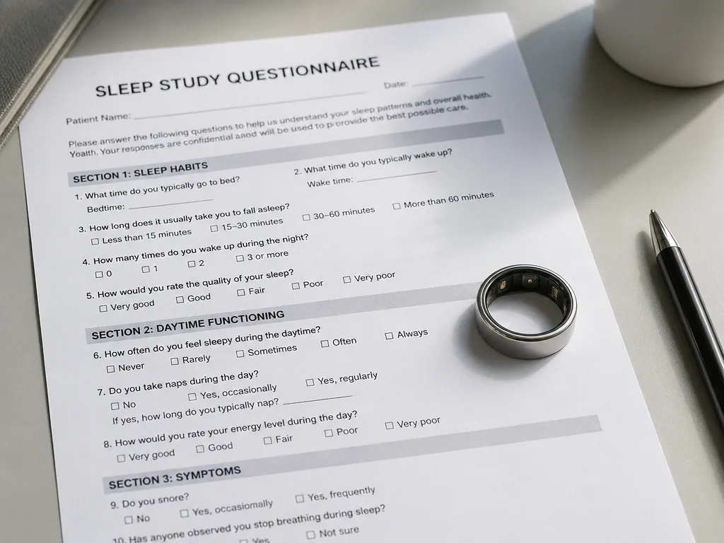 A photorealistic overhead flat-lay on a clean clinic desk showing a printed sleep-study questionnaire…