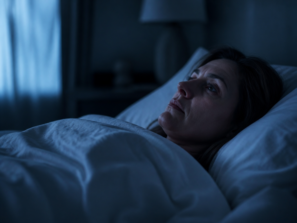 A photorealistic close-up of a tired woman in her late thirties lying awake in…