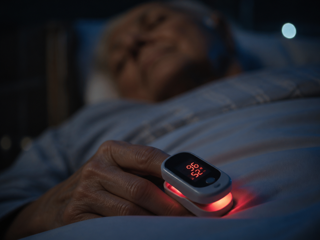 A darkened hospital-style bedroom at 2 a.m., a pulse oximeter clipped to an elderly…
