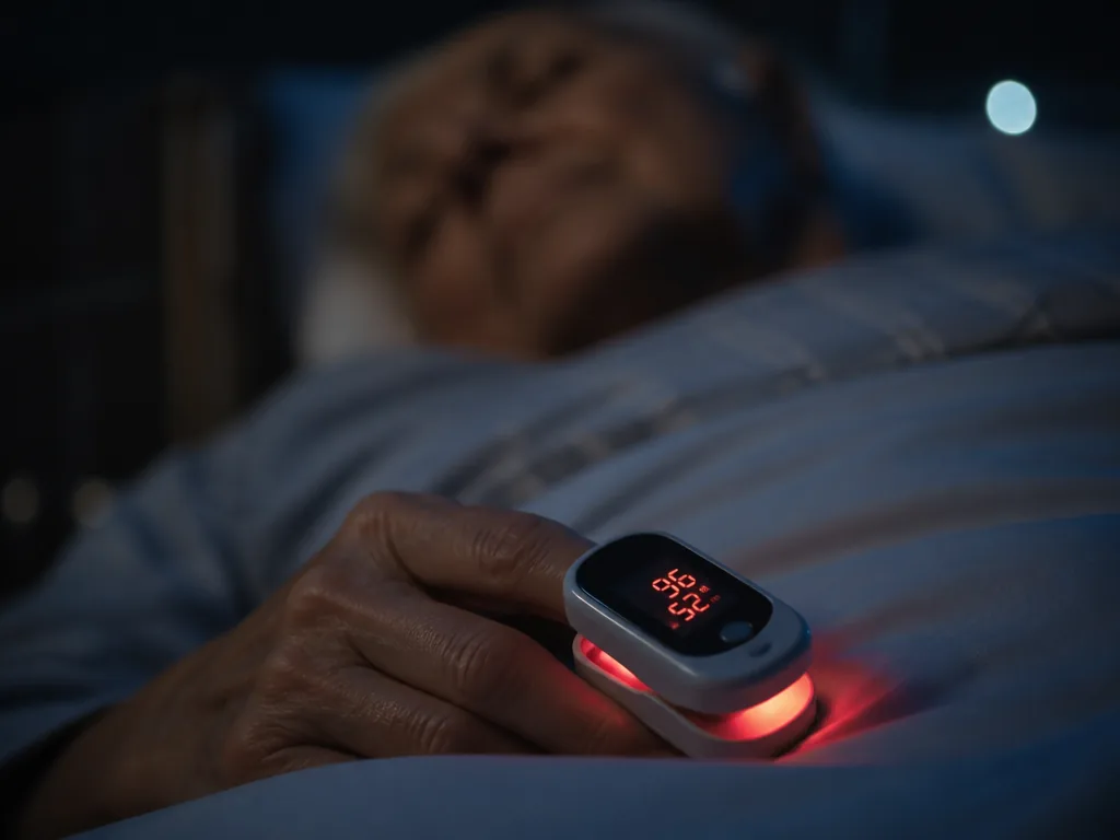 A darkened hospital-style bedroom at 2 a.m., a pulse oximeter clipped to an elderly…