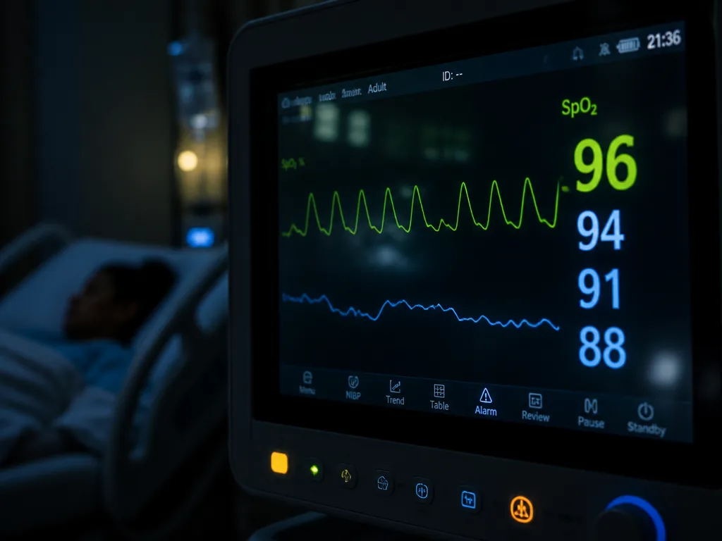 A close-up of a bedside patient monitor screen in a dim room, displaying a…