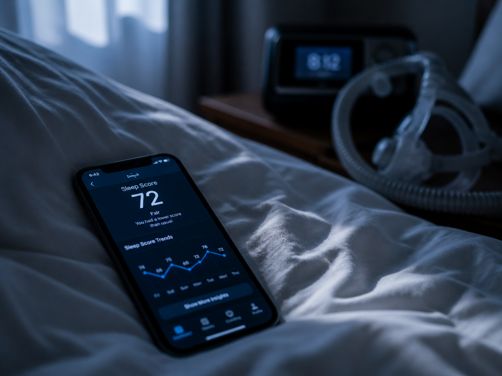 A close-up, moody photograph of a smartphone lying face-up on a rumpled white bedsheet…