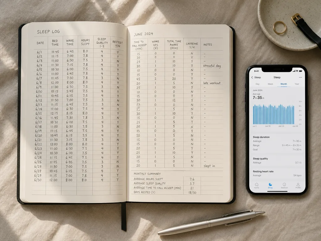 An overhead flat-lay photograph of a handwritten sleep log notebook on a linen bedspread…