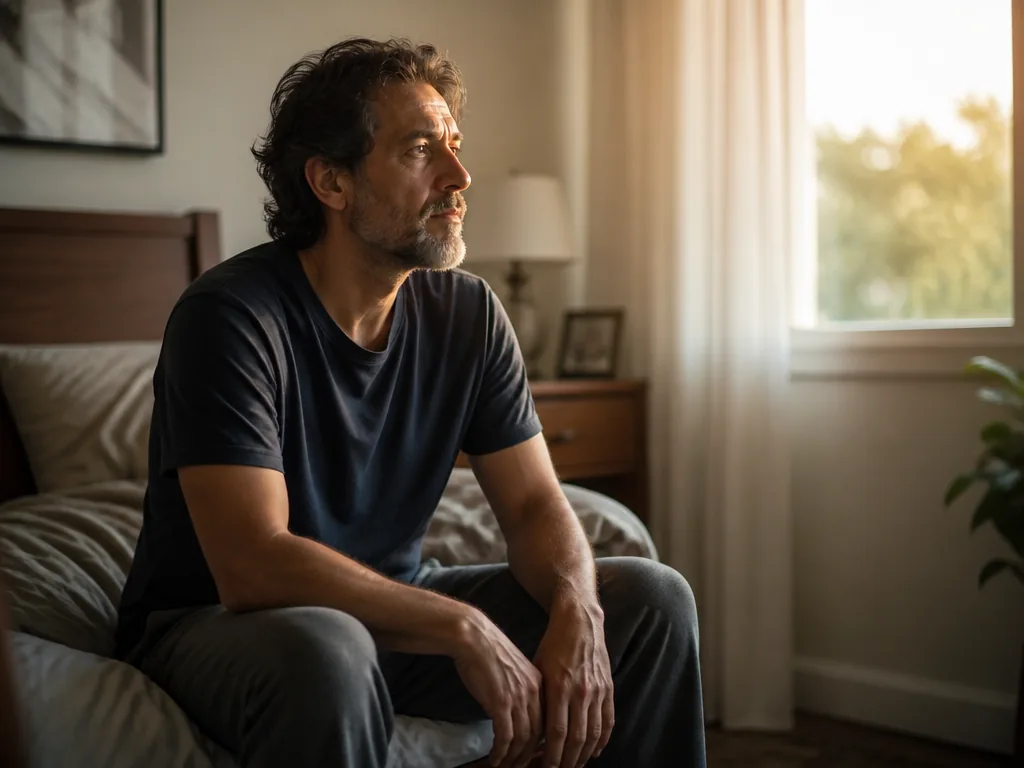 A photorealistic portrait of a middle-aged man sitting on the edge of his bed…