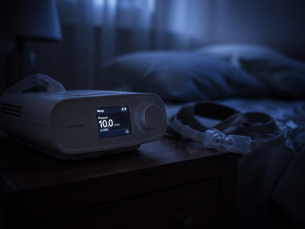 A close-up photorealistic shot of a modern white CPAP machine with a nasal-pillow mask…