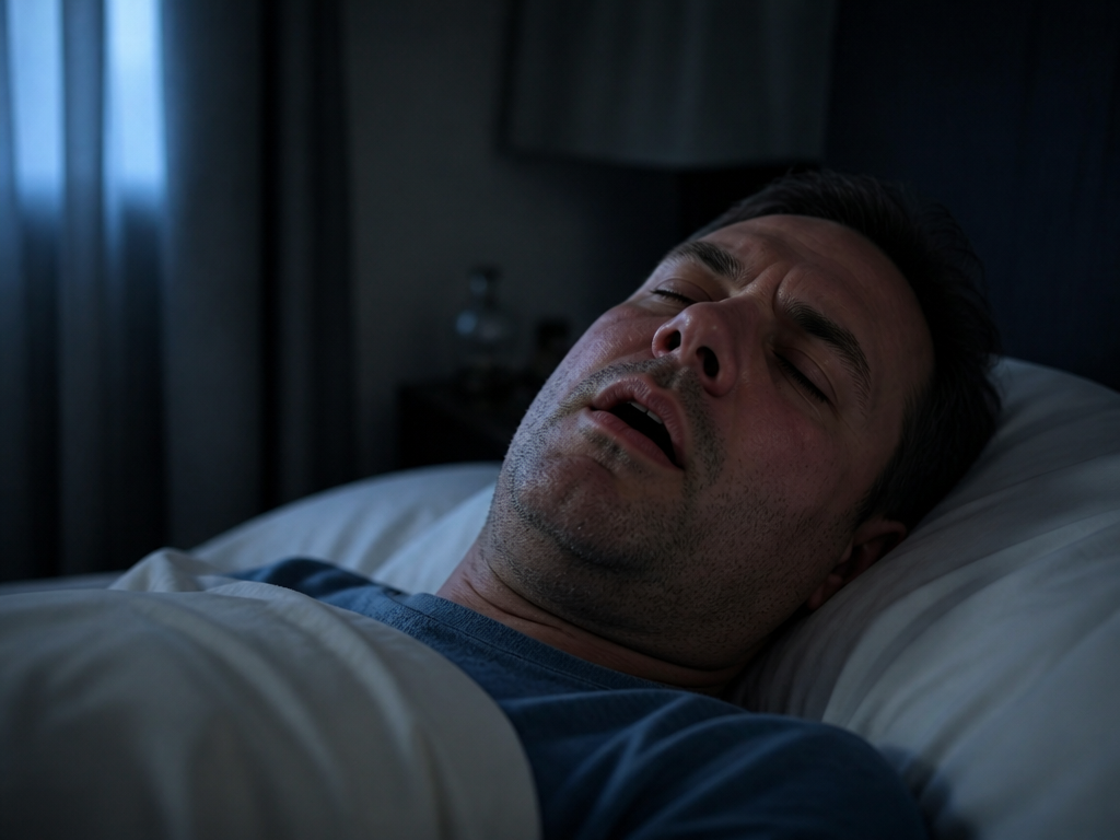 A close-up photorealistic photograph of a middle-aged man asleep on his back in a…
