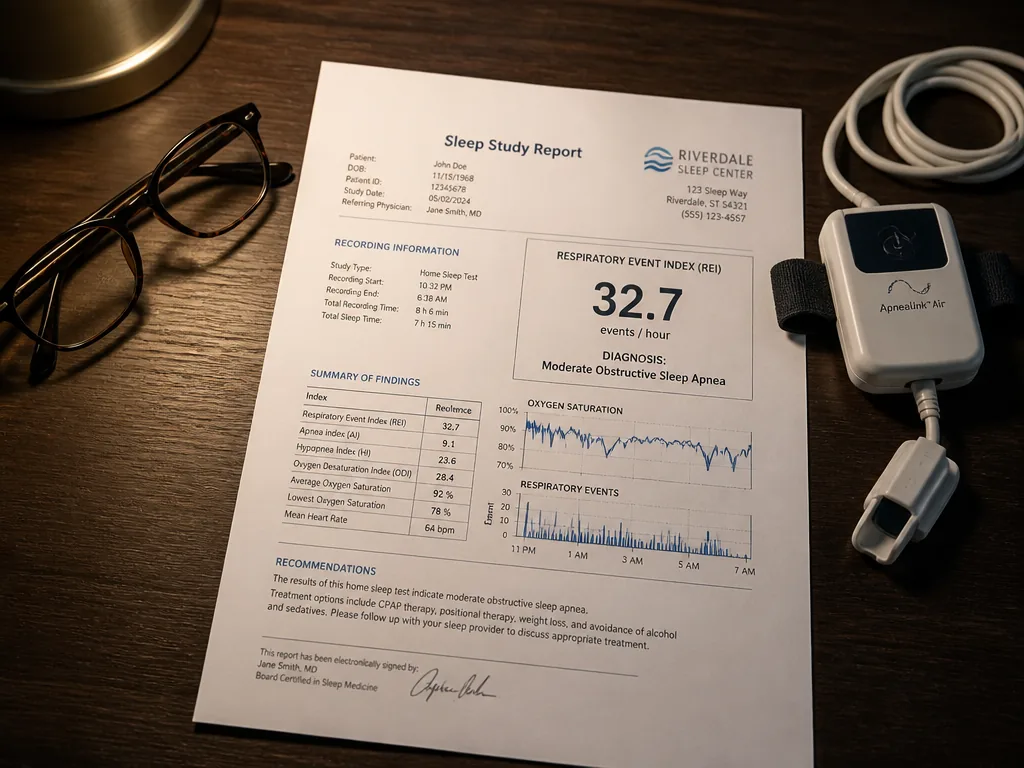 A photorealistic overhead flat-lay photograph of a printed sleep study report resting on a…