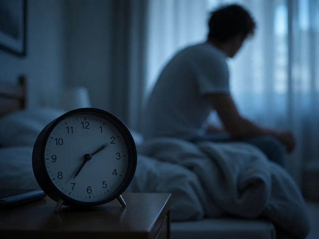 A close-up photorealistic shot of a modern bedside analog alarm clock on a nightstand…