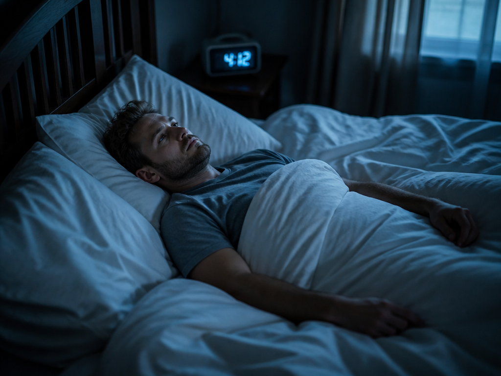 A photorealistic overhead shot of a person lying alone in a rumpled bed at…