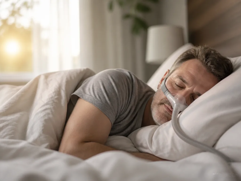 Serene photorealistic bedroom scene at early dawn, a person sleeping peacefully on their side…