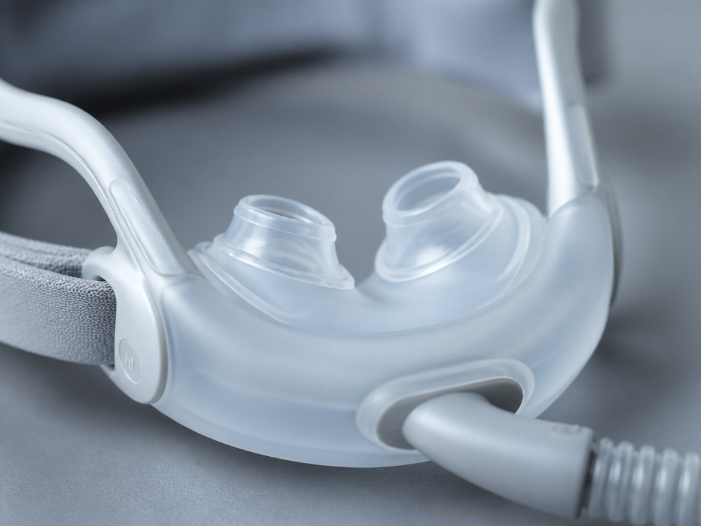Extreme close-up macro product photograph of a modern minimalist nasal pillow CPAP mask resting…