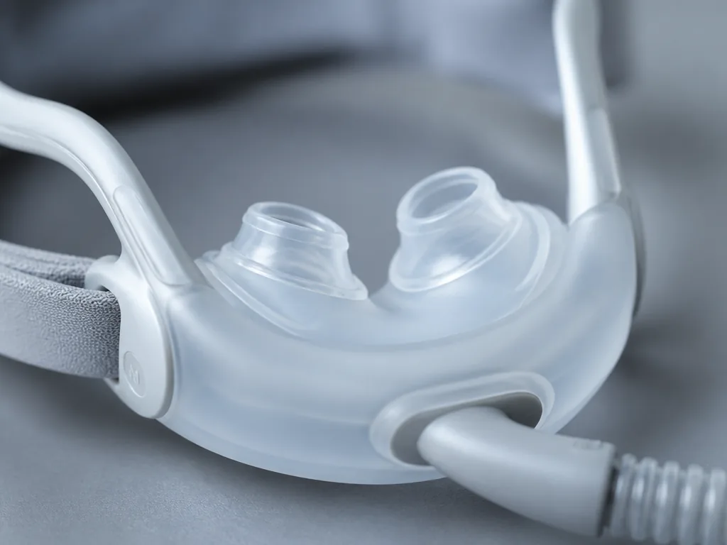 Extreme close-up macro product photograph of a modern minimalist nasal pillow CPAP mask resting…
